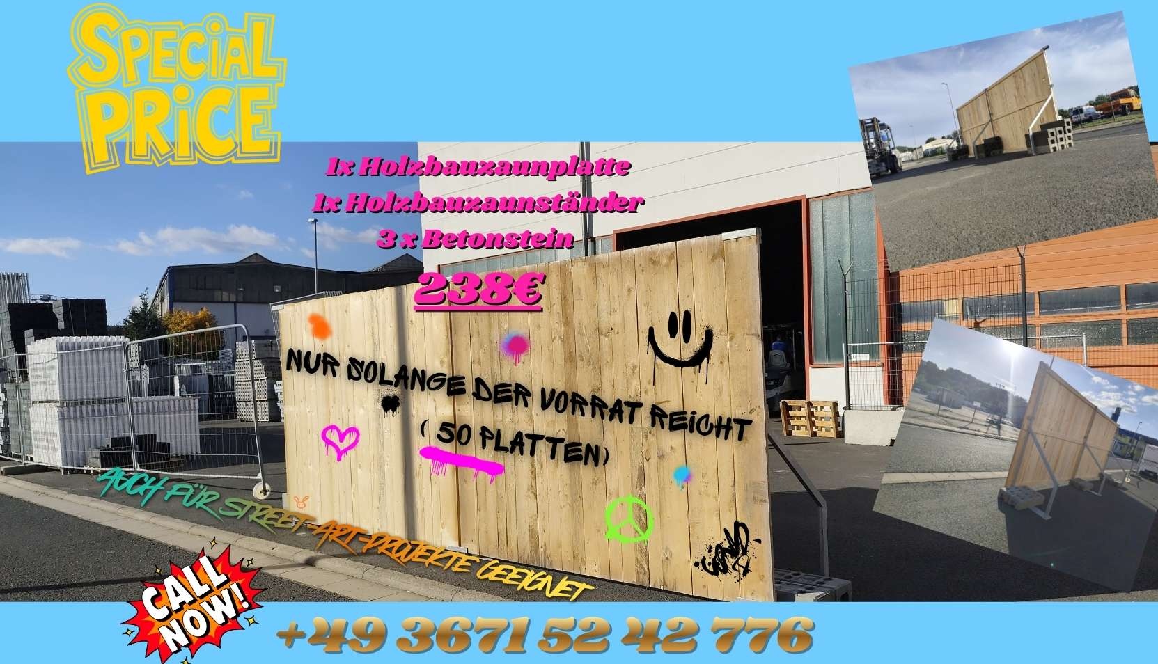 Sonderangebot - Holzbauzaunplatte + Ständer + Betonsteine